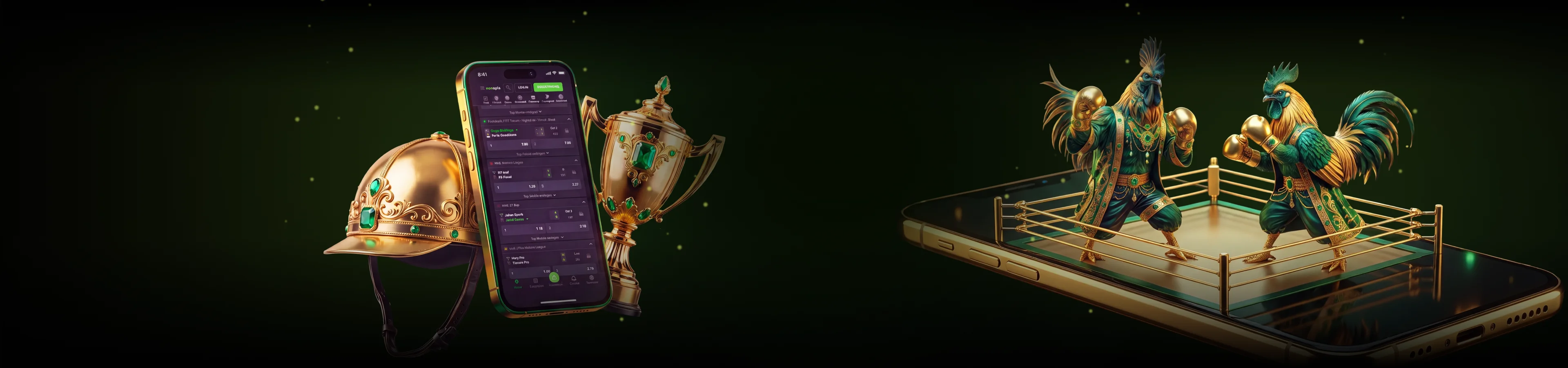 Neospin virtual sports with a trophy, smartphone and boxing roosters